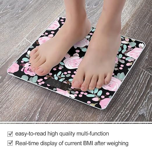 Cute Pink Rose Mix Leopard Scale for Body Weight Sturdy Tempered Glass Weighing Scales with LCD Display Accurate Digital Bathroom Scale Convenient Body Fat Smart Scales Easy Read