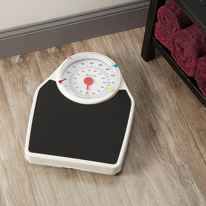 Taylor Battery Free Analog Scales for Body Weight 330LB Capacity Easy to Read Large 7-inch Dial 18.4 x 13.7-inch Ribbed Mat Platform Black