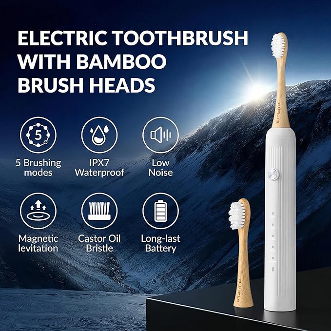 Bamboo Electric Toothbrush for Adults Electric Toothbrush with 4 Bamboo Heads Soft Castor Oil Bristles 5 Modes Smart Timer Sonic Technology IPX7 Waterproof 70-Day Battery Life-White