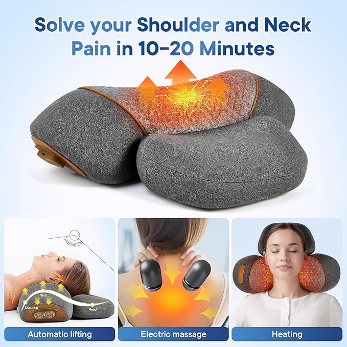 3-in-1 Rechargeable Neck Massager Pillow with Heat Vibration &amp Traction Deep Tissue Pain Relief Neck Hump Corrector &amp Cervical Support for Home Office Travel (Gray)
