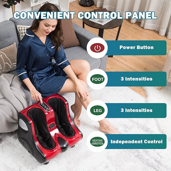 Giantex Foot and Calf Massager with Heat - Shiatsu Foot Massager Machine with Vibration Deep Kneading 3-Level Intensity Modes Electric Foot Massager for Tired Feet Leg Calf Pain Relief (Red)