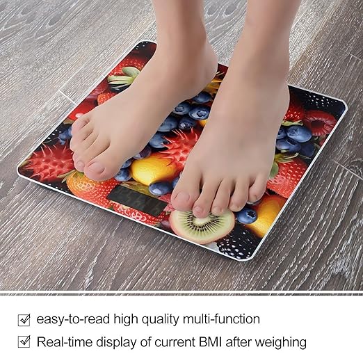 Yellow and Blue Fruits Scale for Body Weight Anti-Slip Tempered Glass Digital Bathroom Scales Clear LCD Display Weighing Scale Safe Rounded Corners Smart Scales