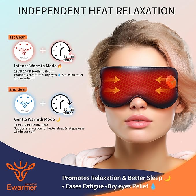 Electric Eye Massage Mask for Dry Eyes Relief Cordless Heated Vibrating Eye Massager Fast Heating RelaxationSilk Sleep Eye Mask100% Light BlockLight&ampPortable (Black)