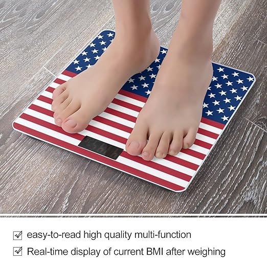 American Flag Stars Stripes Scale for Body Weight Anti-Slip Sturdy Tempered Glass Weighing Machine Highly Digital Accurate Bright LCD Bathroom Scale for Household Gift