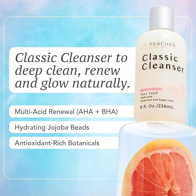 Peaches Skincare Hydrating Facial Cleanser – Vegan Face Wash with Grapefruit Sugar Cane and Gotu Kola – Lightly Exfoliating Daily Formula for All Skin Types – Classic Cleanser – 8 oz