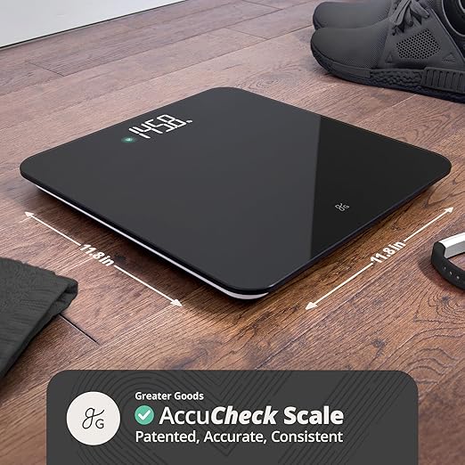 Greater Goods AccuCheck Digital Scale for Body Weight - Accurate Digital Bathroom Scale with High-Precision Sensors Large Easy-to-Read Backlit Display 400 lb Capacity Auto Step-On (Black)
