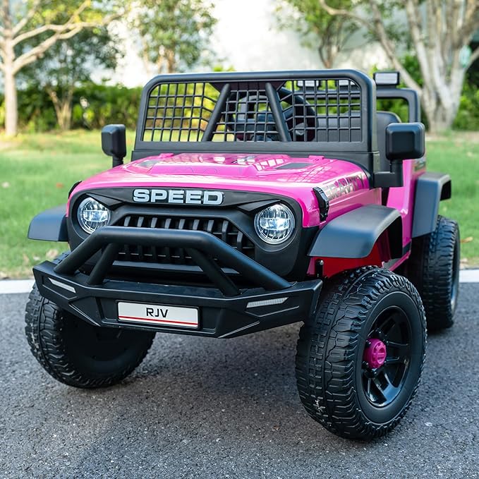 12V 7AH 4WD Kids Ride-On Truck Electric Off-Road Car with Remote &amp Pedal Control LED Lights Music USB Safety Belt 4-Wheel Suspension Adjustable Speeds Outdoor Gift for Boys Girls Magenta