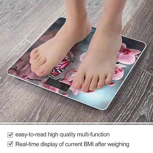 Orchid Flower Butterfly Soft Fresh Spring Bathroom Scale Large LCD Backlight Display Digital Scale Rounded Corners Body Scales Automatic Power On/Off Bathroom Scales for Home Bedrooms