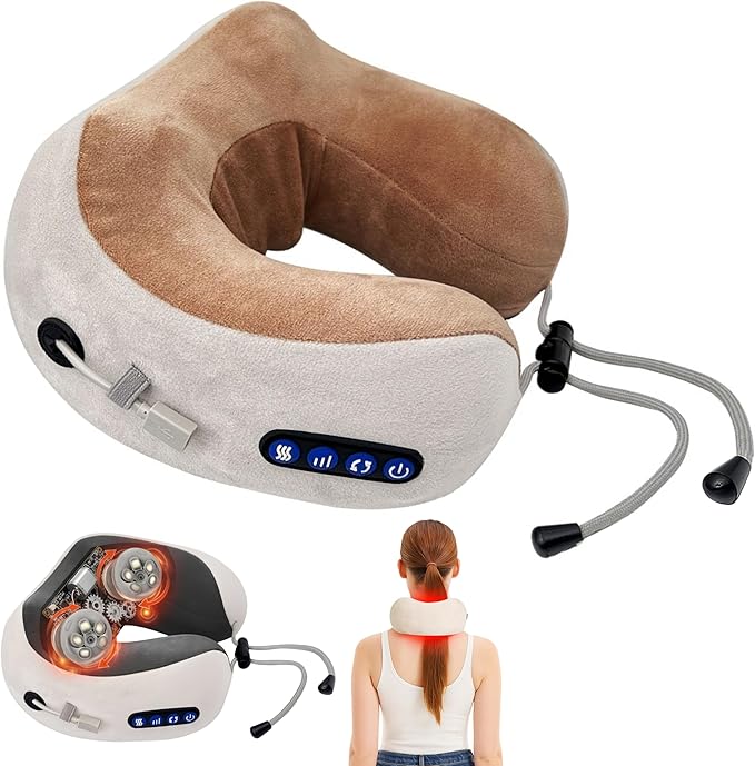 Portable Heated Neck Pillow Massager Rechargeable Electric Cushion with Vibration &amp Warm Compress for Pain Relief Comfort &amp Relaxation – Ideal Gift for Loved Ones (Brown)