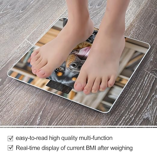 Rottweiler Dogs Tongue Head Bathroom Scale for Body Weight Bathroom Weighing Scales with Back Lit LED Display Sturdy Tempered Glass Body Weight Bathroom Scale 400lb Weighing