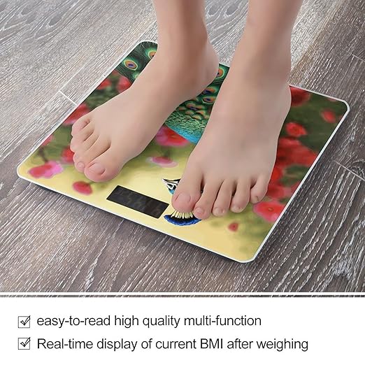 Peacock FlowersScale for Body Weight with LCD High Precision Weighing Scales Fashion Sturdy Tempered Glass Weight Scales Easy-to-Read Digital Bathroom Scale for Daily 400lb