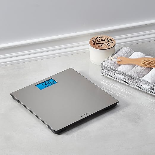 Taylor Digital Scales for Body Weight High 400 LB Capacity Brushed Stainless Steel Thin Glass Platform Unique Blue LCD Durable Platform 11.8 x 11.8 Inches Stainless Steel