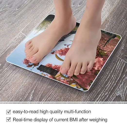 Paris Eiffel Tower Flower Bathroom Scale Automatic Power On/Off Body Scales LCD Backlight Display Square Digital Scale Rounded Corners Bathroom Scales for Home Bedrooms