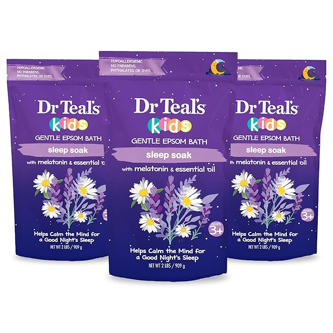 Dr Teal's Kids 3-in-1 Elderberry Bath: Bubble Bath Body Wash &amp Shampoo 20 fl oz. &amp Kids Gentle Epsom Salt Sleep Soak with Melatonin &amp Essential Oil Blend 2 lbs (Pack of 3)