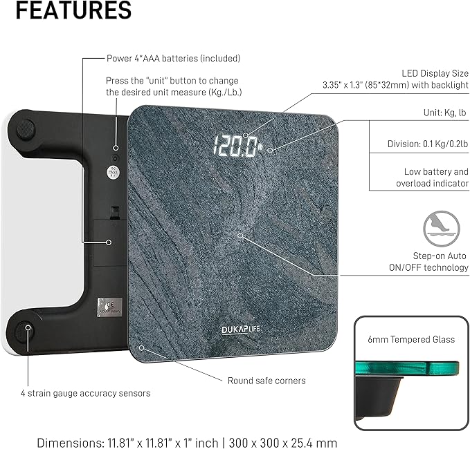 DUKAP Life Digital Bathroom Body Weight Scale with LED Display Backlight Highly Accurate Weight Scale for Family Use and Weight up to 400 lbs (Turquoise Marble)