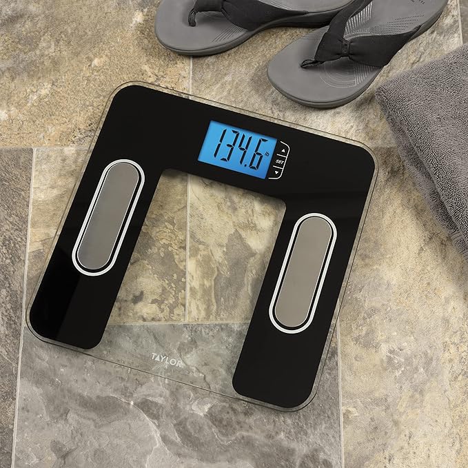 Taylor Digital Glass Body Composition Scale Bathroom Scale for Body Weight Measures Body Fat Body Water Muscle Mass and BMI 10-User Recognition FSA HSA Eligible 400 lb Capacity White and Black