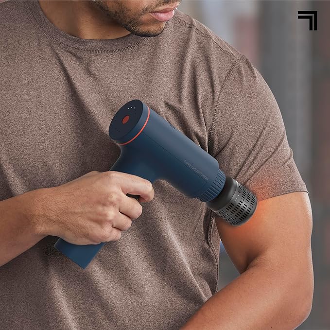 Sharper Image Deep Tissue Percussion Massage Gun Powerboost Versa Hot &amp Cold Rechargeable Handheld Massager 5 Adjustable Speeds 6 Attachment Heads &amp Carrying Case for Muscle Pain Relief B