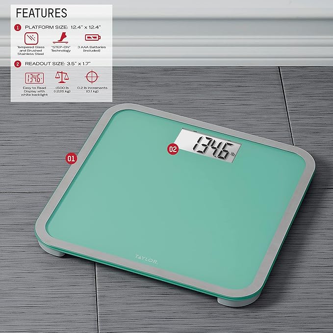 Taylor Digital Glass Bathroom Scale for Body Weight Large Durable Platform Extra High 500 lb Capacity Large 3.5x1.7 White Backlit Display Sea Foam Green
