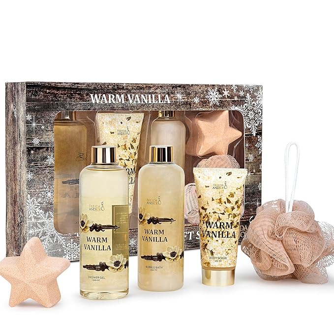 Freida &amp Joe Fragrance Bath &amp Body Collection Gift Box Includes Shower Gel Body Lotion Body Scrub Bath Bomb &amp Sponge (Warm Vanilla)