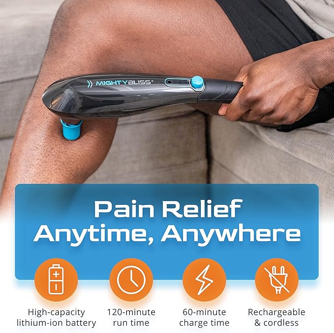 Mighty Bliss Deep Tissue And Back Massager Cordless Handheld Electric Percussion Muscle Massager Machine - Long Handle Full Body Therapy Massager For Neck Shoulder Back Leg Feet - 6 Heads Included