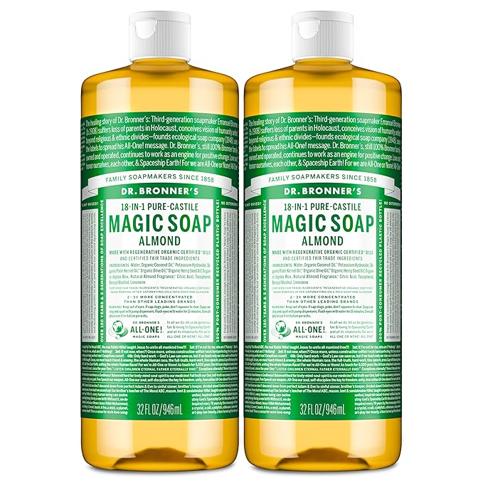 Dr. Bronner's Pure-Castile Magic Liquid Soap (Almond 32 Ounce 2-Pack)- Made with Regenerative Organic Certified Oils 18-in1 Uses: Face Hair Hand &amp Body Soap Laundry Pets- Concentrated Vega