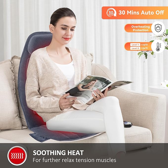 Snailax Massage Seat Cushion with Heat - Extra Memory Foam Support Pad in Neck and Lumbar10 Vibration Massage Motors 2 Heat Levels Back Massager Chair Pad for Back