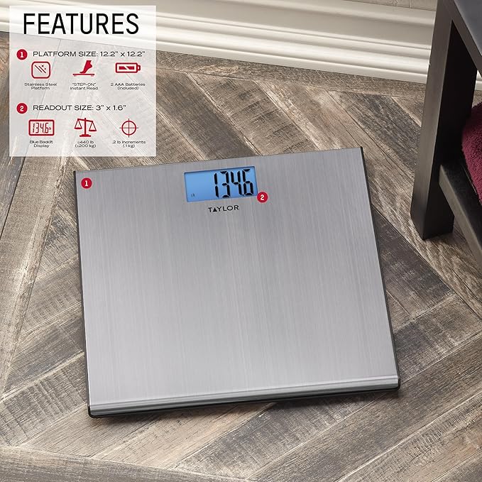 Taylor Digital Scales for Body Weight Extra-High 440 lb Capacity Thin Profile Unique Blue LCD Glass Platform 12.2 x 12.2 Inches Stainless Steel