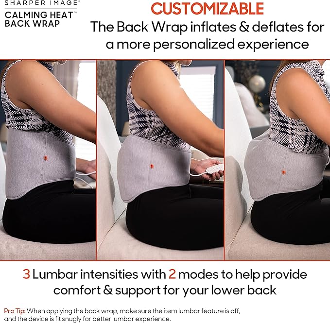 Calming Heat Back Wrap by Sharper Image with Power Pack | Cordless Electric Inflatable Heating Pad Auto Shut-Off Gift for Holidays Women &amp Men | 3 Heat 3 Vibrating Massage &amp 3 Lumbar Setti