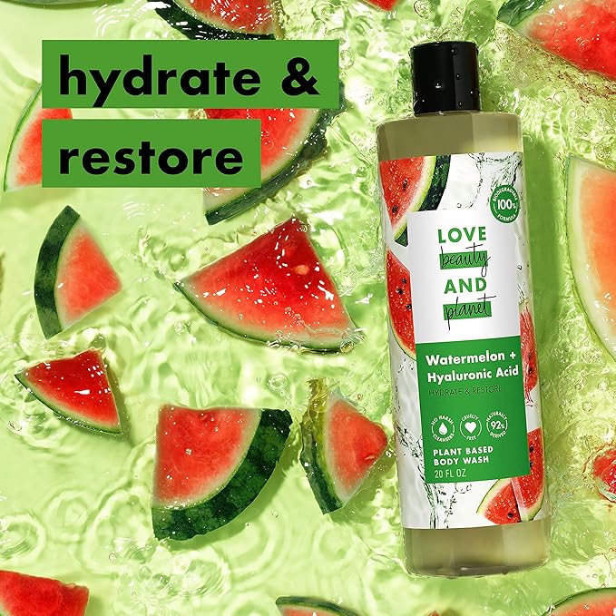 Love Beauty and Planet Plant-Based Body Wash Hydrate and Restore Skin Watermelon and Hyaluronic Acid Made with Plant-Based Cleansers and Skin Care Ingredients 100% Biodegradable 20 fl oz
