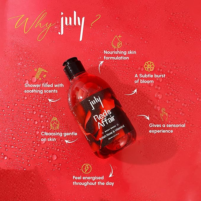 July Reds Affair Body Wash 300ml British Rose Vitamin E with Moisturizer Long Lasting Fragrance Exfoliating Shower Gel Nourishing Body Wash for Women &amp Men