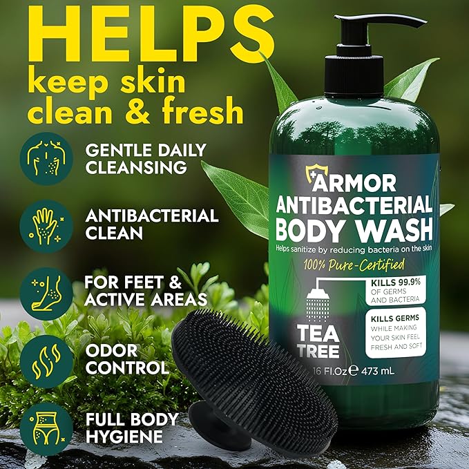 Tea Tree Oil Body Care Bundle – Antibacterial Body Wash (16 fl oz) + Antifungal Ringworm Spray with Manuka Honey (4.05 fl oz) – Soothes Itchy Skin Reduces Odor for Men &amp Women