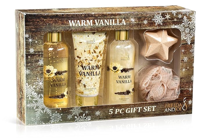 Freida &amp Joe Fragrance Bath &amp Body Collection Gift Box Includes Shower Gel Body Lotion Body Scrub Bath Bomb &amp Sponge (Warm Vanilla)