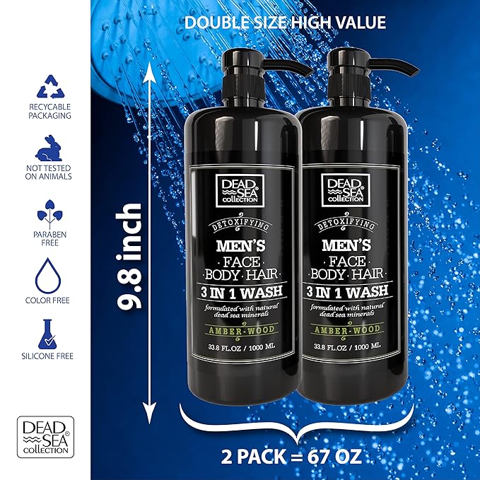 Dead Sea Collection Amber Wood Men’s Body Wash – 3 in 1 Body Wash for Men for Hair Face &amp Body – Moisturizing Shower Gel with Dead Sea Minerals – Pack of 2 (33.8 fl oz each)