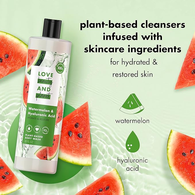 Love Beauty and Planet Plant-Based Body Wash Hydrate and Restore Skin Watermelon and Hyaluronic Acid Made with Plant-Based Cleansers and Skin Care Ingredients 100% Biodegradable 20 fl oz