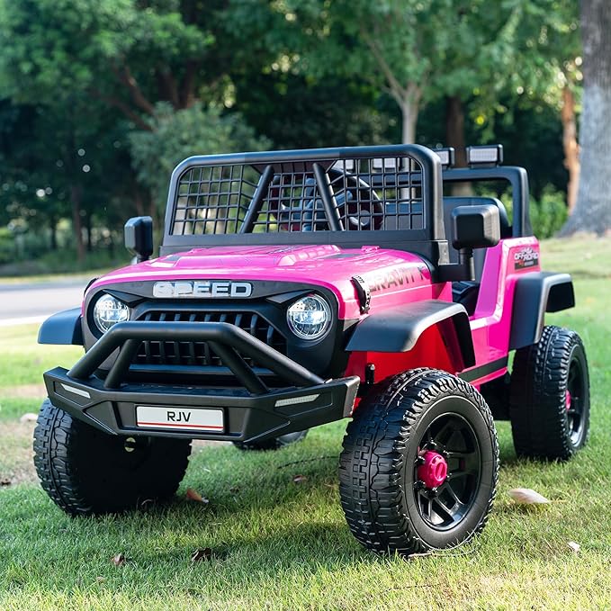 12V 7AH 4WD Kids Ride-On Truck Electric Off-Road Car with Remote &amp Pedal Control LED Lights Music USB Safety Belt 4-Wheel Suspension Adjustable Speeds Outdoor Gift for Boys Girls Magenta