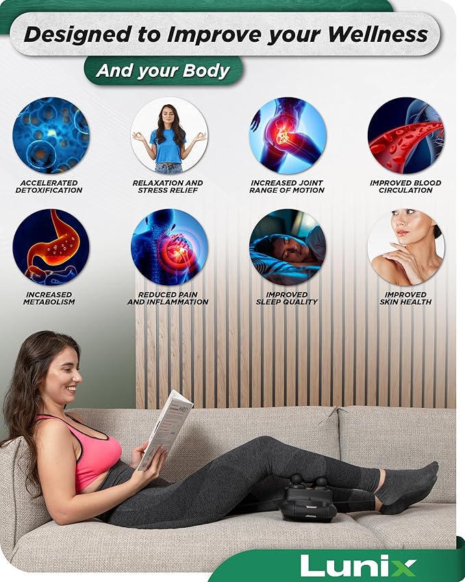 Lunix LX25 FSA 4-Head Percussion Massager with Red and Near-Infrared Light (660nm/850nm) USB Rechargeable Back &amp Body Massager with 4 Modes Adjustable Intensity Includes Storage Case