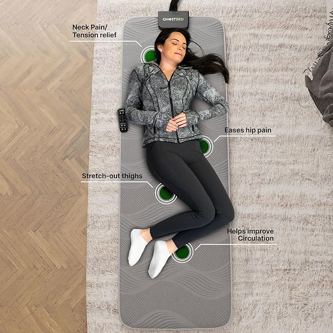 GhostBed Massage Mat with 3 Gel Memory Foam - 7 Full-Body Massage and Stretching Programs Plus Vibration and Heat Therapy Charcoal Grey