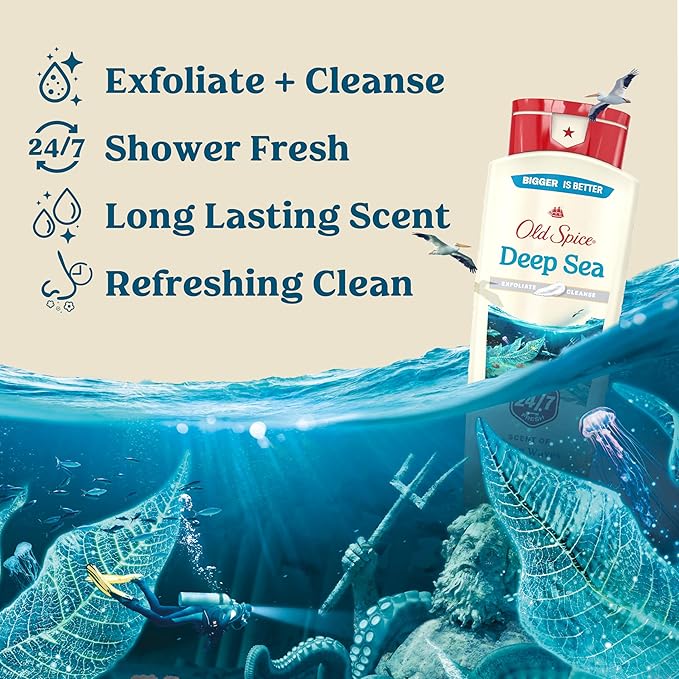 Old Spice Cleansing Body Wash for Men 24/7 Shower Fresh with Lasting Scent Exfoliate &amp Cleanse Gentle on Skin Vitamin B3 Deep Sea with Ocean Waves + Kelp Scent 18 oz (Pack of 4)