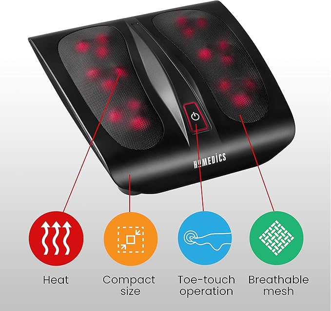 HoMedics Triple Action Shiatsu Foot Massager with Heat | Deep-Kneading Rotating Heads &amp Soothing Heat | Large Design Breathable Fabric &amp Toe Controls Black