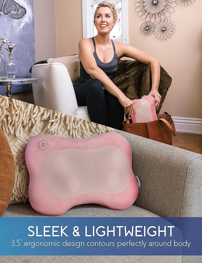 Zyllion Shiatsu Back and Neck Massager with Heat - 3D Electric Kneading Deep Tissue Massage Pillow for Muscle Pain Relief Pink ZMA-13