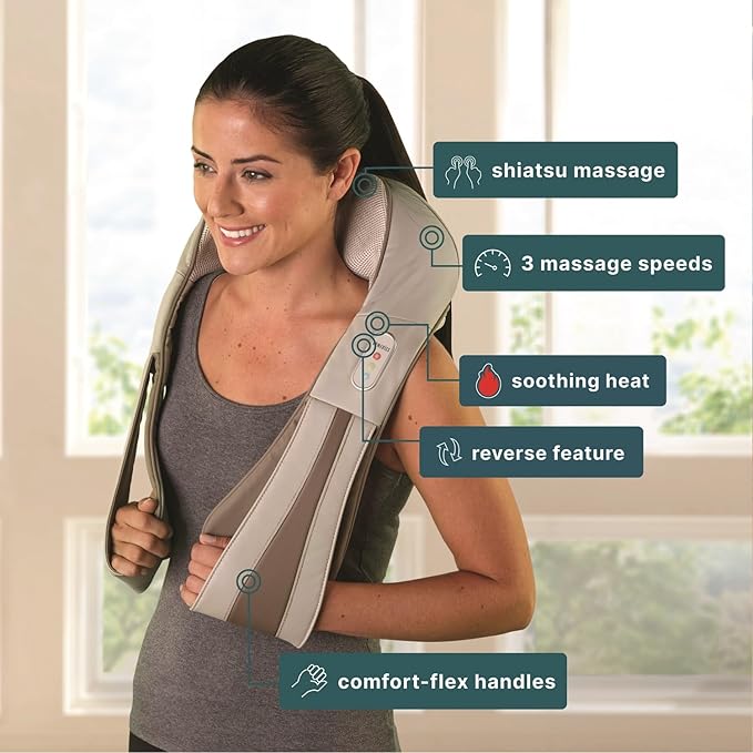 HoMedics Shiatsu Deluxe Neck &amp Shoulder Massager with Heat 3 Speeds Changes Direction Muscle Kneading for Back &amp Legs Portable Convenient Straps Thera-P Beige