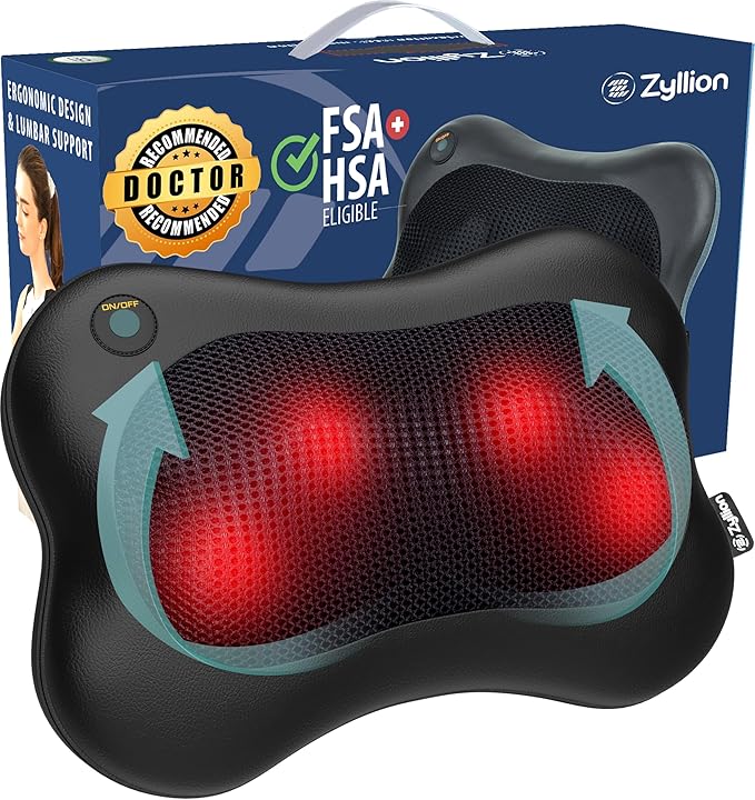 Zyllion Shiatsu Back and Neck Massager with Heat - Cordless Rechargeable 3D Electric Kneading Deep Tissue Massage Pillow for Muscle Pain Relief Black ZMA-13RB