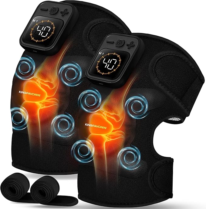 KingPavonini Cordless Knee Massager for Pain Relief Newly 4 Motors Vibration 5 Heat Levels 6 Massage Modes Knee Heating Pad for Knee Pain Heated Knee Massager Brace for Mom Dad (Black 2.0)