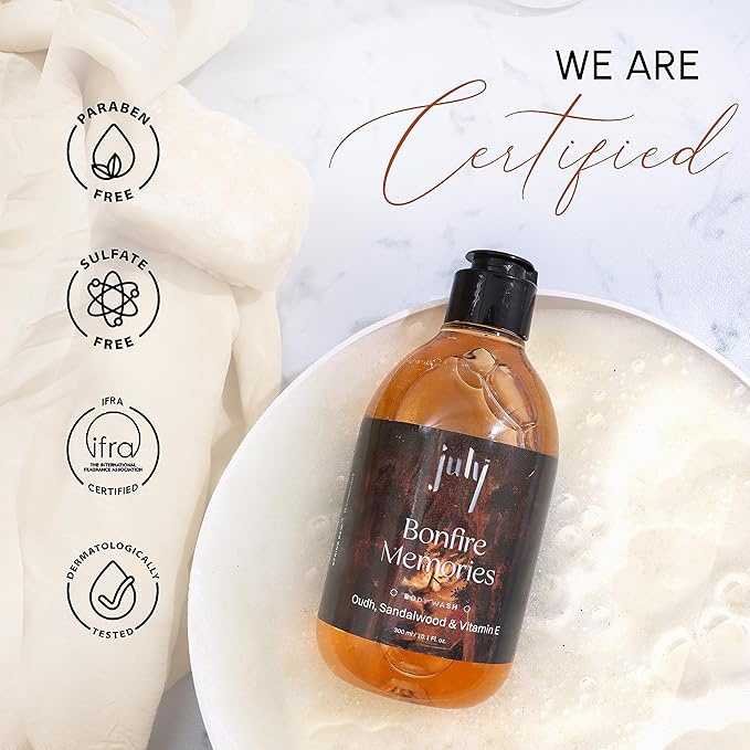 July Bonfire Memories Body Wash 300ml Oudh &amp Sandalwood Vitamin E with Moisturizer Long Lasting Fragrance Exfoliating Shower Gel Nourishing Body Wash for Women &amp Men