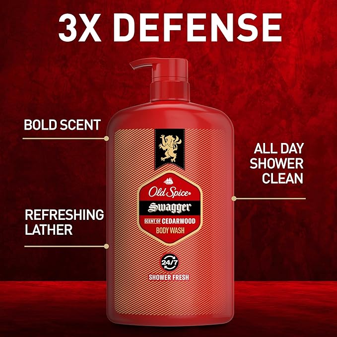 Old Spice Body Wash for Men Refreshing 3X Defense 24/7 Shower Fresh with Long Lasting Scent Red Collection Swagger with Cedarwood Scent 33.4 oz (Pack of 4)