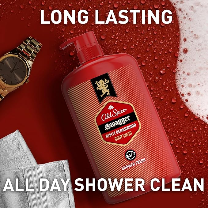 Old Spice Body Wash for Men Refreshing 3X Defense 24/7 Shower Fresh with Long Lasting Scent Red Collection Swagger with Cedarwood Scent 33.4 oz (Pack of 4)