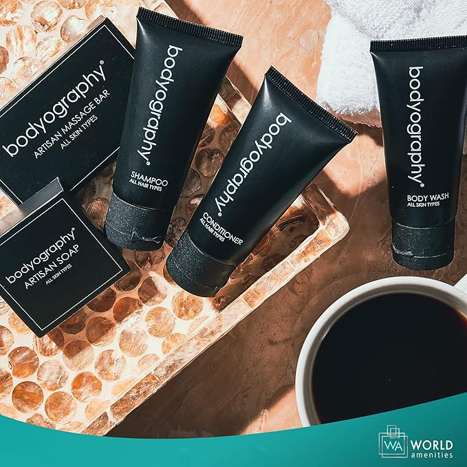 World Amenities - Bodyography - Bulk Body Wash | 300 Count 1.4oz | Lavender Peppermint Mini Travel Size Toiletries (100% Recyclable Tube with Flip Top Cap) Hotel Amenities.