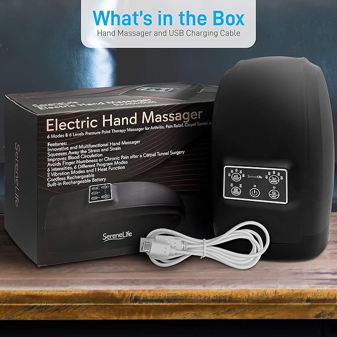 SereneLife Electric Compression Hand Massager - Electric Acupressure Palm Hand Massager w/ Air Pressure Heat Compress for Arthritis Carpal Tunnel Hand Pain Relief Finger Numbness - SLHNDMSG85