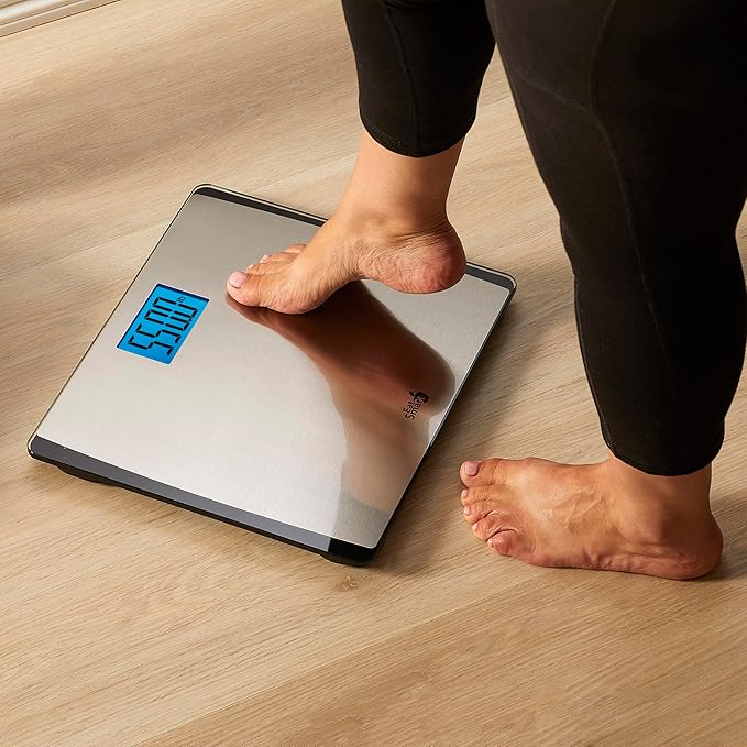 Eat Smart Precision 550 Pound Extra-High Capacity Digital Bathroom Scale Extra-Wide Platform Stainless Steel Body Weight Scale with Step-On Tech Silver