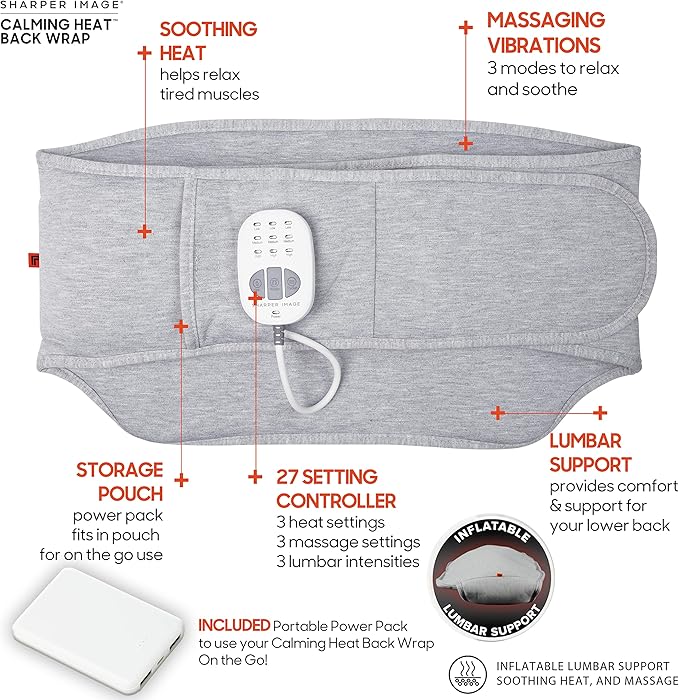 Calming Heat Back Wrap by Sharper Image with Power Pack | Cordless Electric Inflatable Heating Pad Auto Shut-Off Gift for Holidays Women &amp Men | 3 Heat 3 Vibrating Massage &amp 3 Lumbar Setti